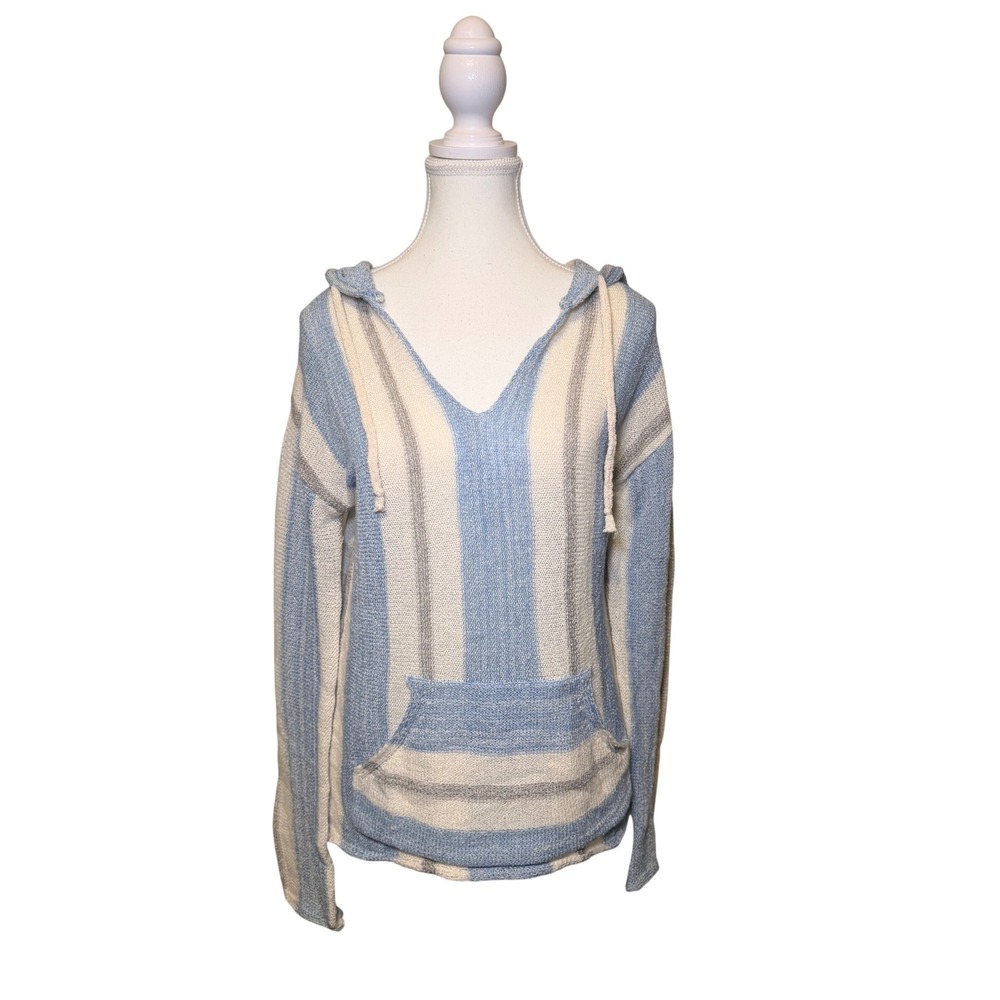 Striped Knit Hoodie Lightweight Coastal Boho Hem & Thread S